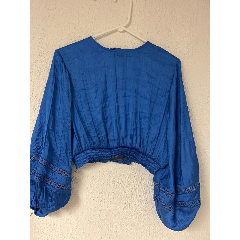 House of Harlow 1960 Blue Crinkle Lace Balloon Sleeve Open Back Crop Top XS